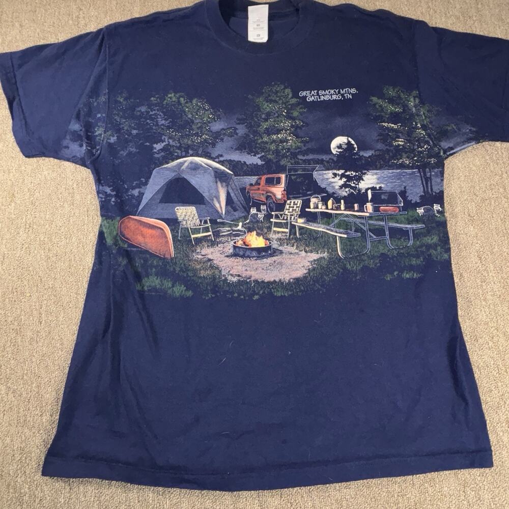 Vintage 90s Camping Graphic Men’s T-shirt Wrap Around Blue XL NWOT